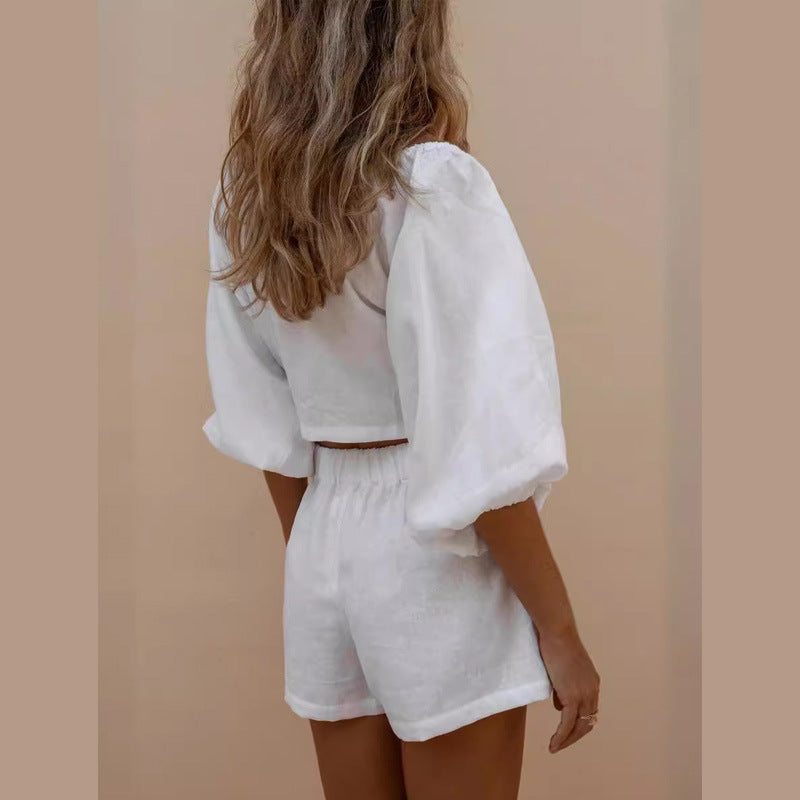 Damen Zweiteiliges Set mit Puffärmeln und Krawatte Eveloria