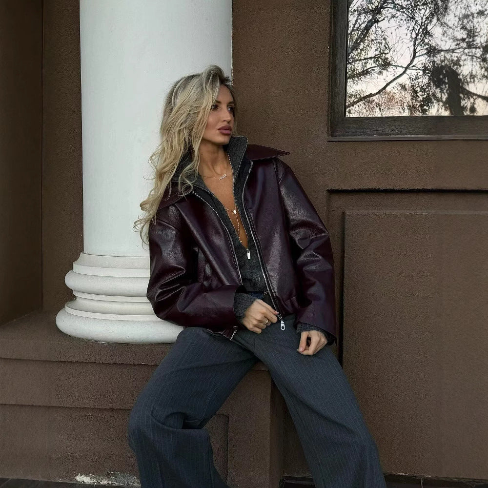 Damen Kunstlederjacke Stylischer Kragen Eveloria