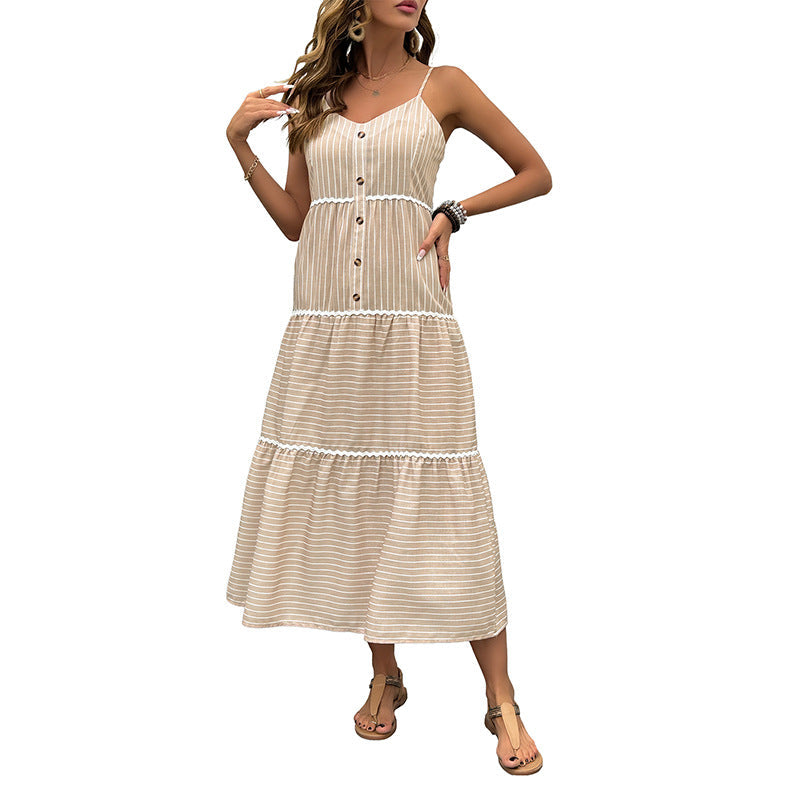 Damen Maxikleid Sommer Streifen Knopfleiste Eveloria