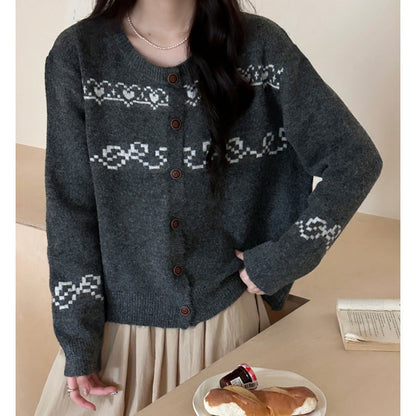 Damen Strickcardigan Holzknöpfe Traditionelle Muster Beige