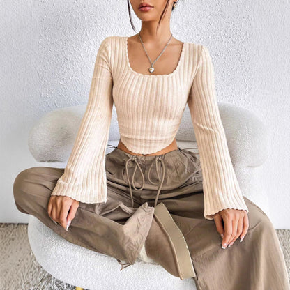 Damen Langarm Crop Rippdesign Abgerundeter Saum Eveloria