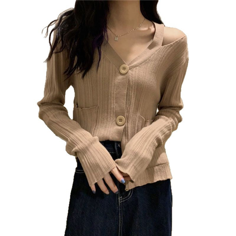 Damen Strickjacke V-Ausschnitt Taschen Eveloria