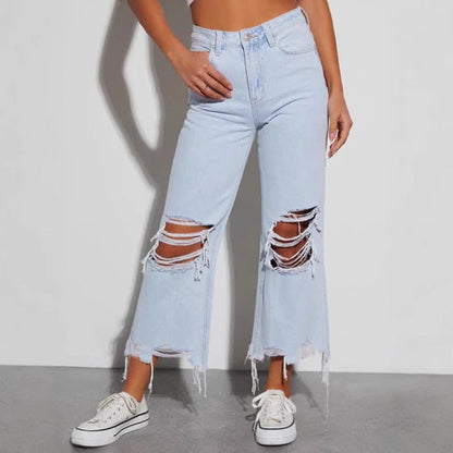 Damen Destroyed Jeans Weites Bein Freche Risse Blau Eveloria - Eveloria