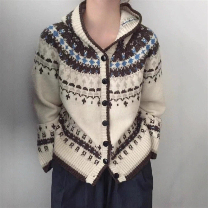 Damen Strickjacke Kapuze Norwegermuster Eveloria