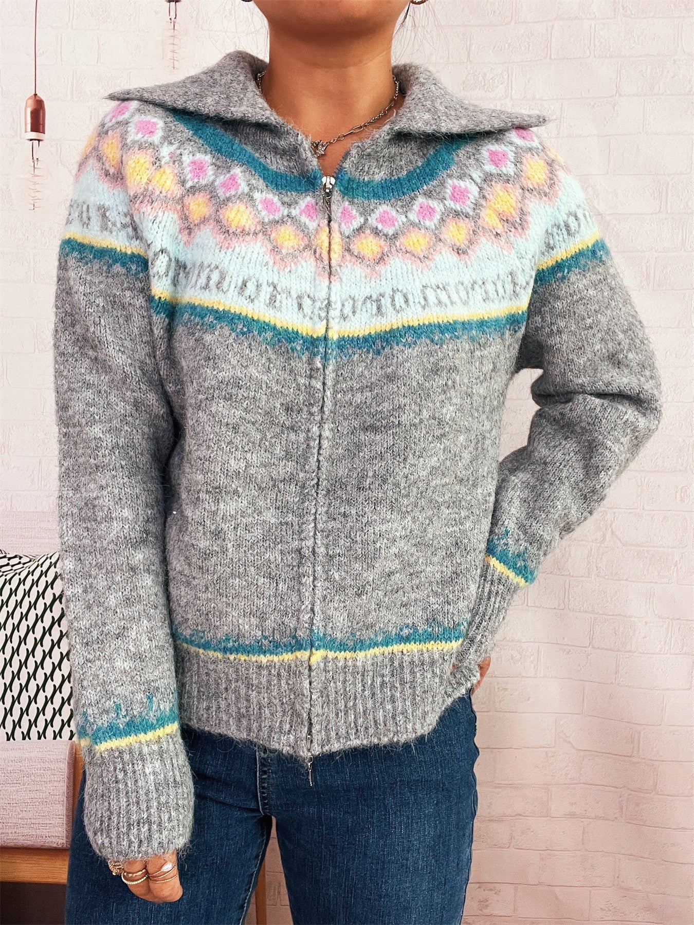 Damen Strickjacke Floralmuster Modern Reißverschluss Eveloria