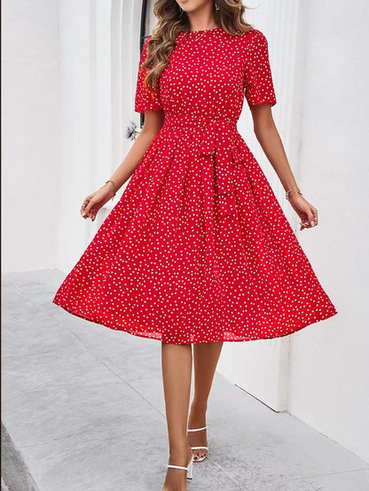 Damen Midikleid mit Punktedesign und Taillengürtel