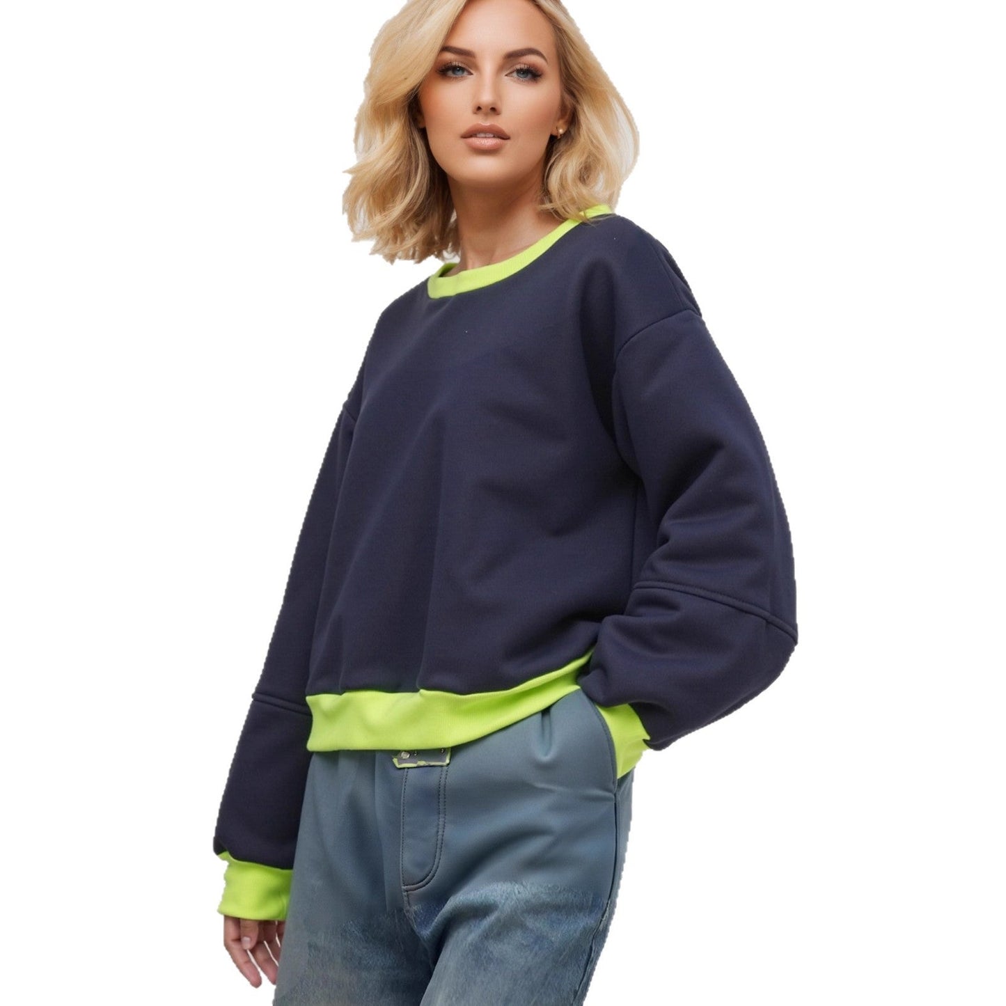 Damen Sweatshirt Lässig Kontrastbündchen Modern Schnitt Grau