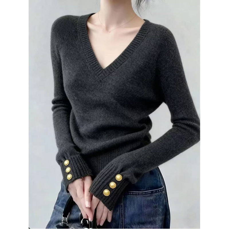 Damen Pullover V-Ausschnitt Feinripp mit Knöpfen Elegantes Design
