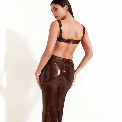 Damen Pailletten-Abendkleid Lang Eveloria Mit Tiefem Ausschnitt