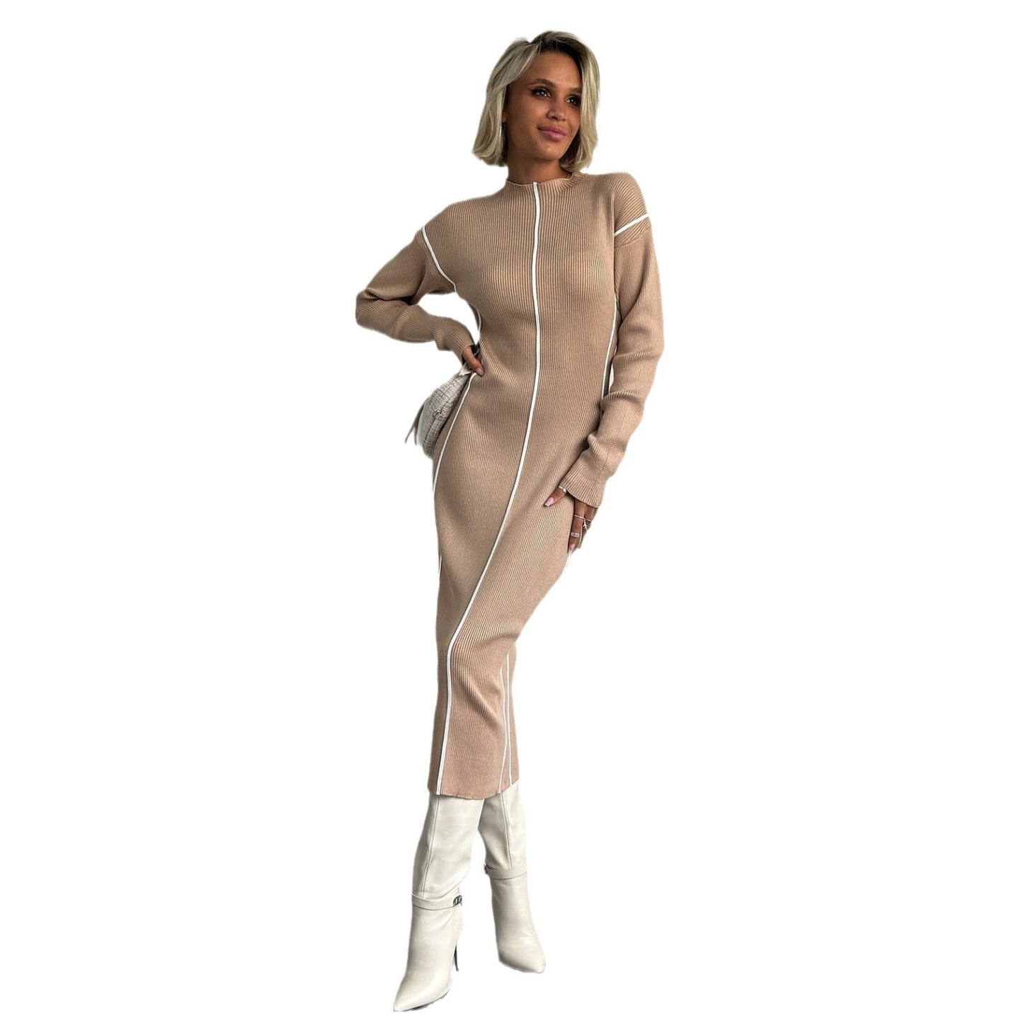 Damen Strickkleid Figurbetont mit Kontrastnähten Eveloria