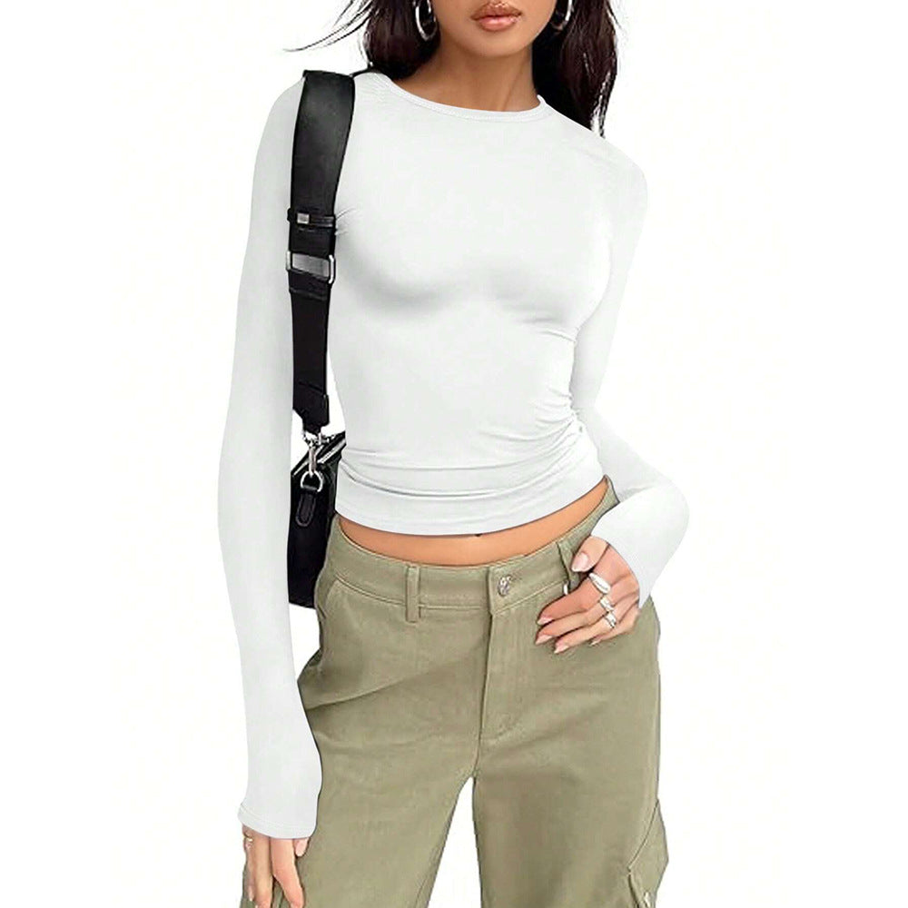 Damen Langarmshirt Rundhalsausschnitt Elegantes Basicshirt Weiss