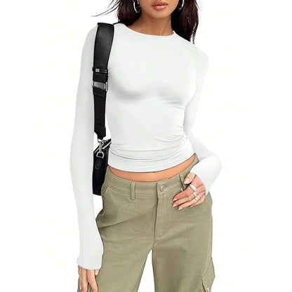 Damen Langarmshirt Rundhalsausschnitt Elegantes Basicshirt Weiss