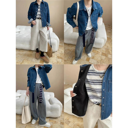 Damen Denimjacke Lässig Aufgesetzte Taschen Blau Eveloria