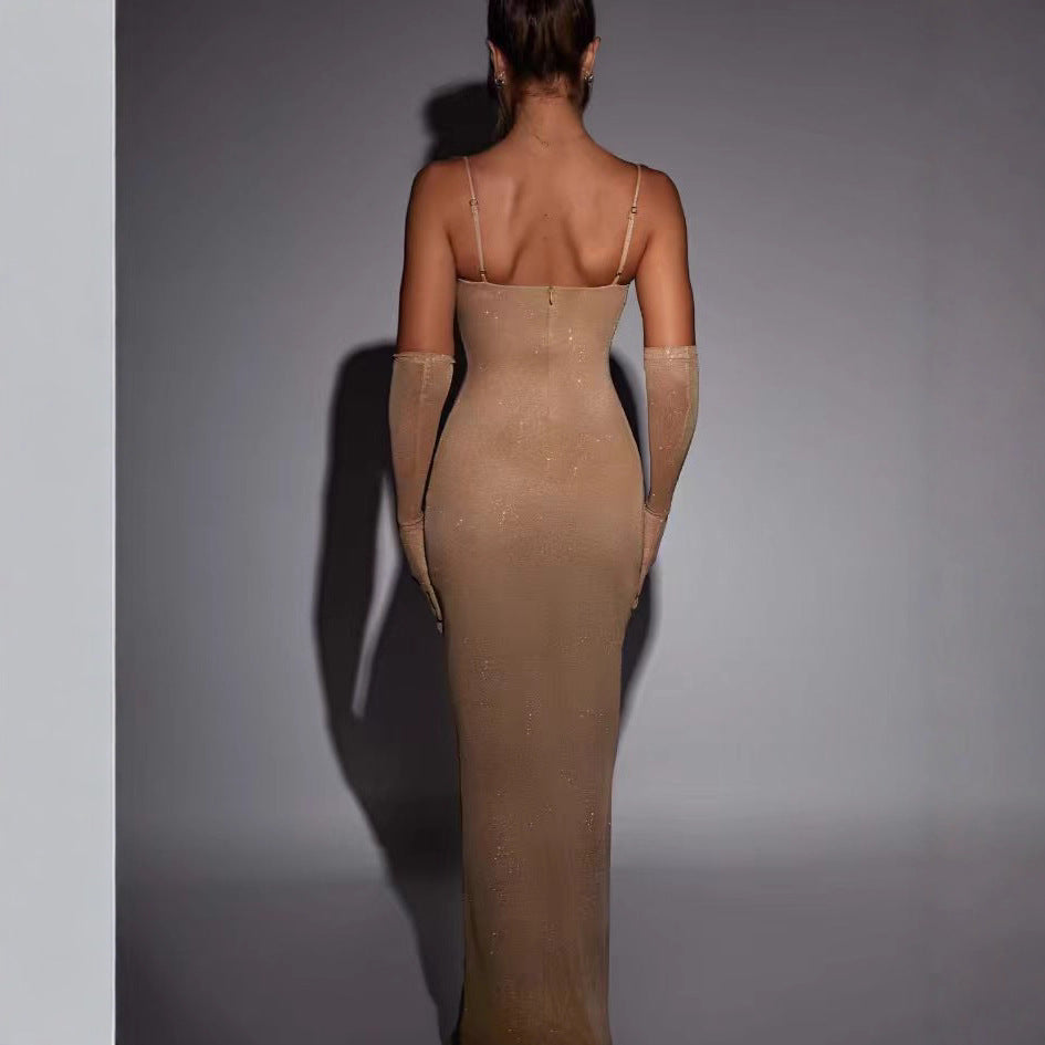 Damen Maxikleid mit transparenten Ärmeln und figurbetontem Schnitt