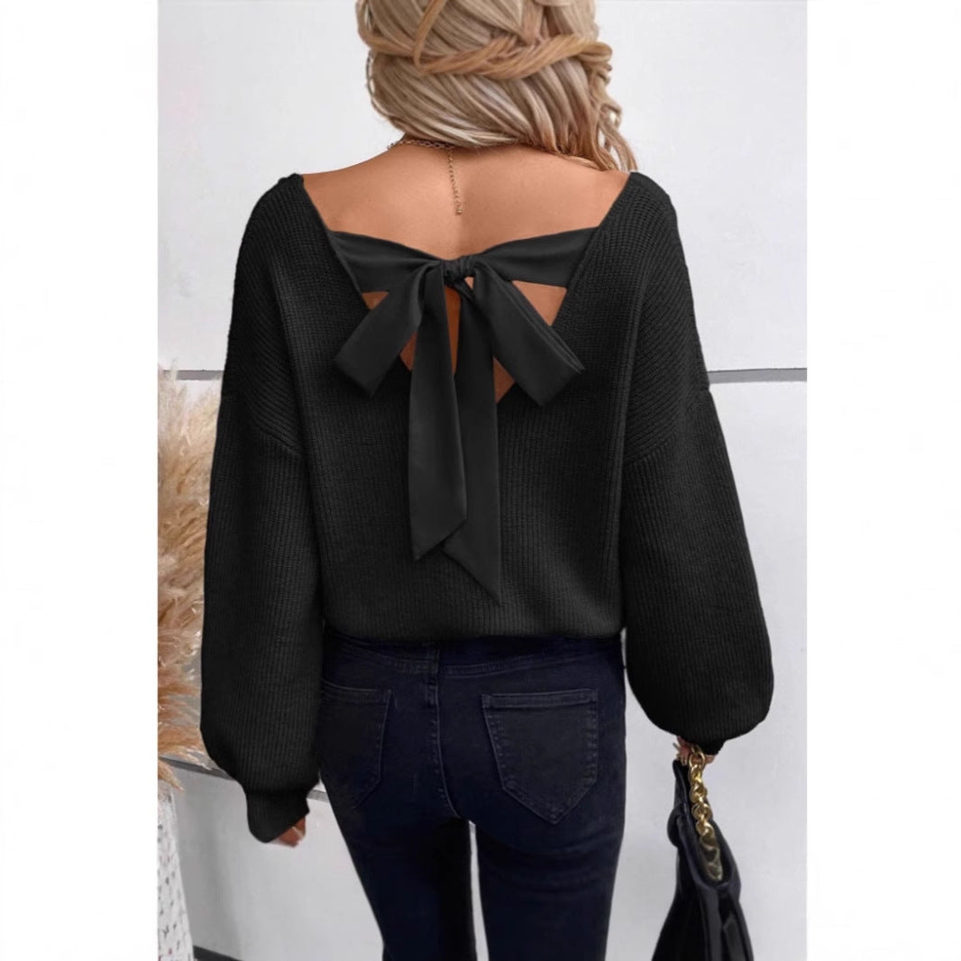 Damen Strickpullover V-Ausschnitt Schleifen-Detail Eveloria - Eveloria