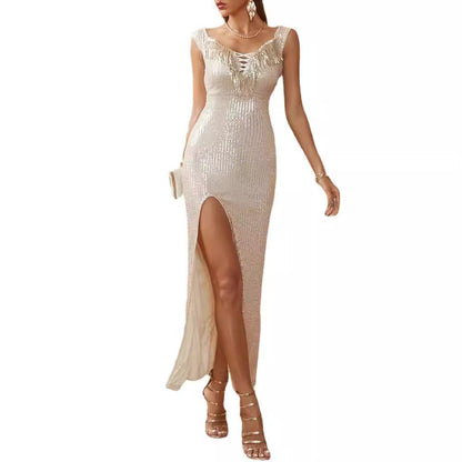 Damen Abendkleid mit Pailletten und Schlitz Elegant