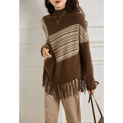 Damen Strickpullover Geometrisches Muster Fransen
