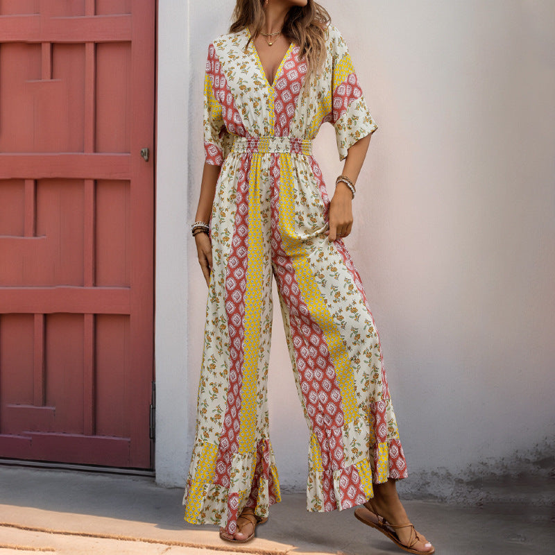 Damen Jumpsuit Floralmuster Weite Beine Eveloria