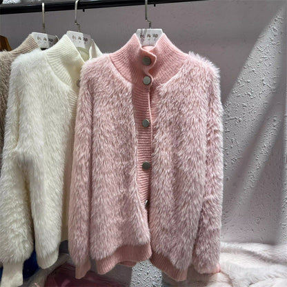 Damen Strickjacke Kuschelig Knopfverschluss Hochkragen Beige