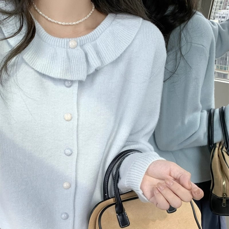 Damen Strickpullover Romantischer Rüschenkragen Feine Knöpfe
