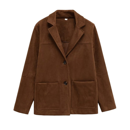 Damen Suede Blazerjacke mit Taschen Braun - Eveloria