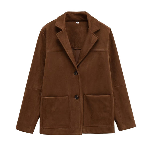 Damen Suede Blazerjacke mit Taschen Braun - Eveloria