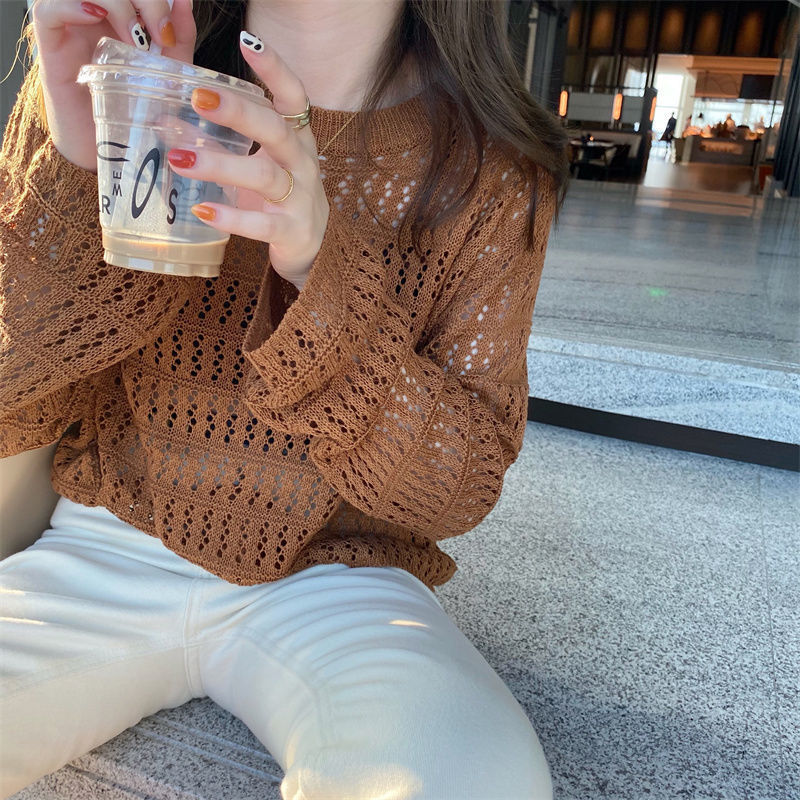 Damen Feinstrickpullover Luftig Lochdesign Weit