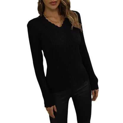 Damen Pullover V-Ausschnitt Rippenmuster Wellenkante