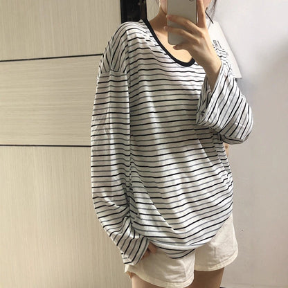 Damen Oversized Langarmshirt Streifen Weite Ärmel weiß