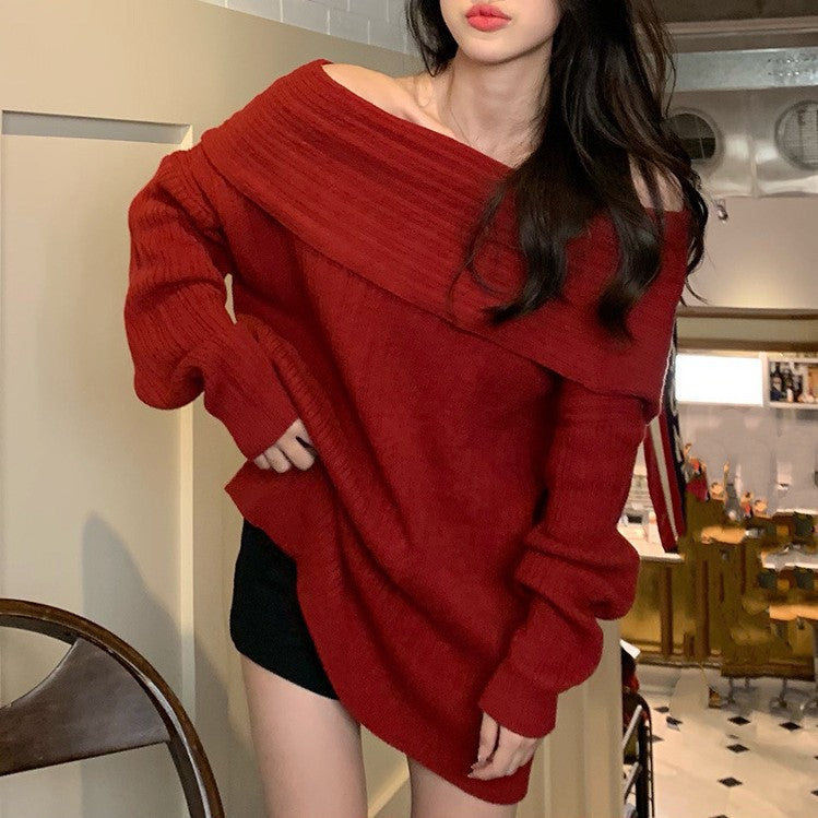 Damen Oversized Pullover Off-Shoulder Rippstruktur Beige