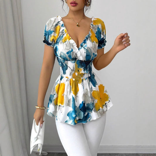 Damen Bluse Elastisch Floral Weiße Rüschen - Eveloria