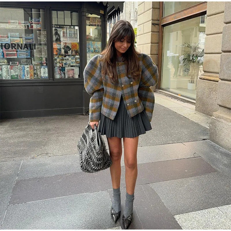 Damen Karojacke Voluminöse Ärmel Eveloria
