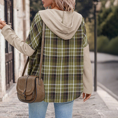 Damen Karojacke mit Kapuze Kontrastärmel Eveloria