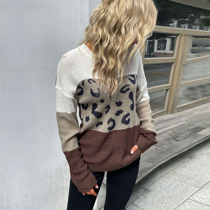 Damen Strickpullover Tiermuster Farbblockdesign Grau Beige