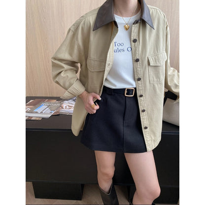 Damen Utility-Hemdjacke Kontrastkragen Praktische Taschen - Eveloria