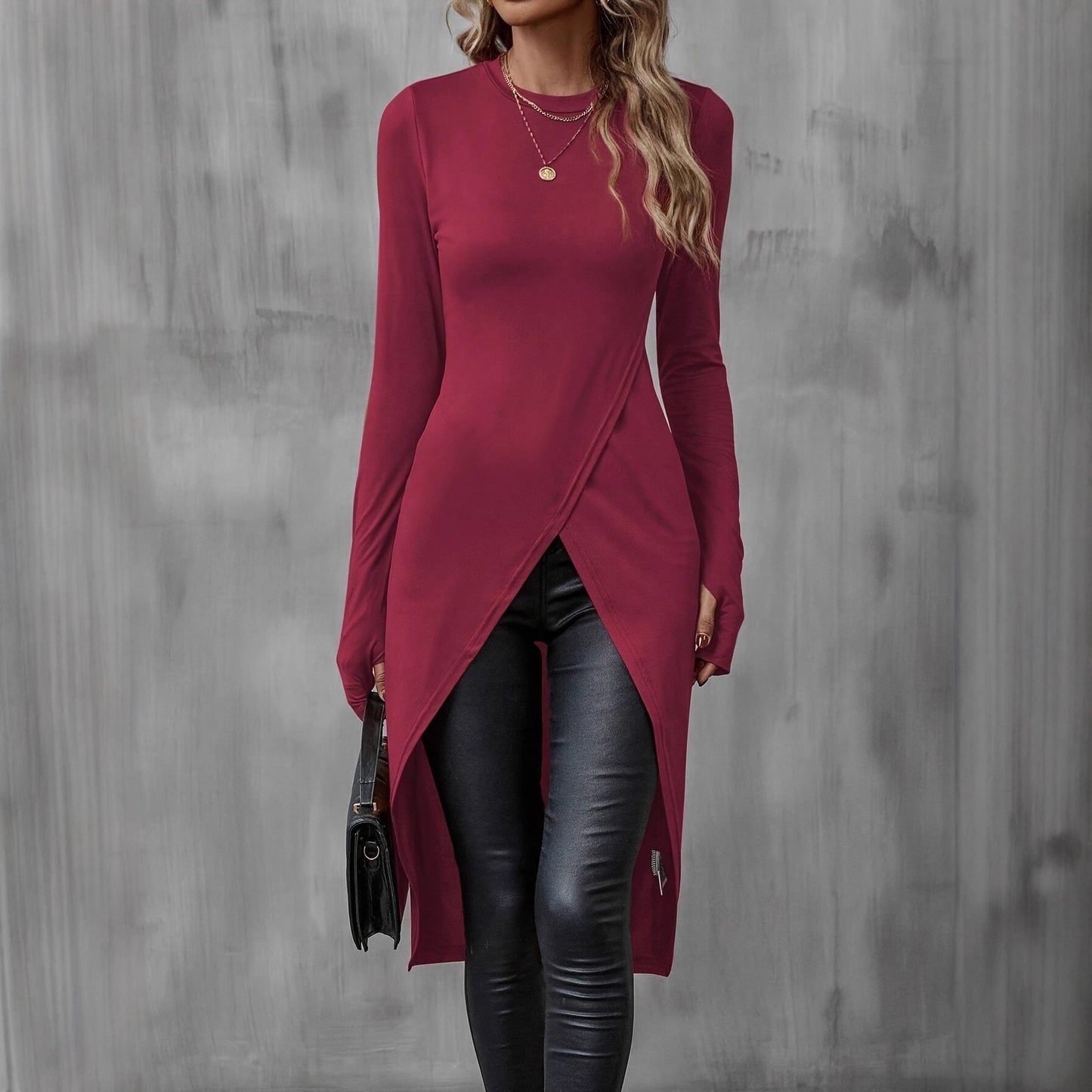 Damen Wickelkleid Langarm Asymmetrisch Eveloria
