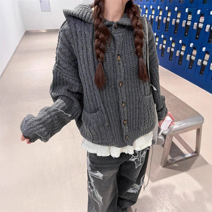 Damen Grobstrickjacke Kapuze Große Taschen Eveloria