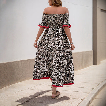 Damen Maxikleid Off-Shoulder Rüschendetails Tiermuster