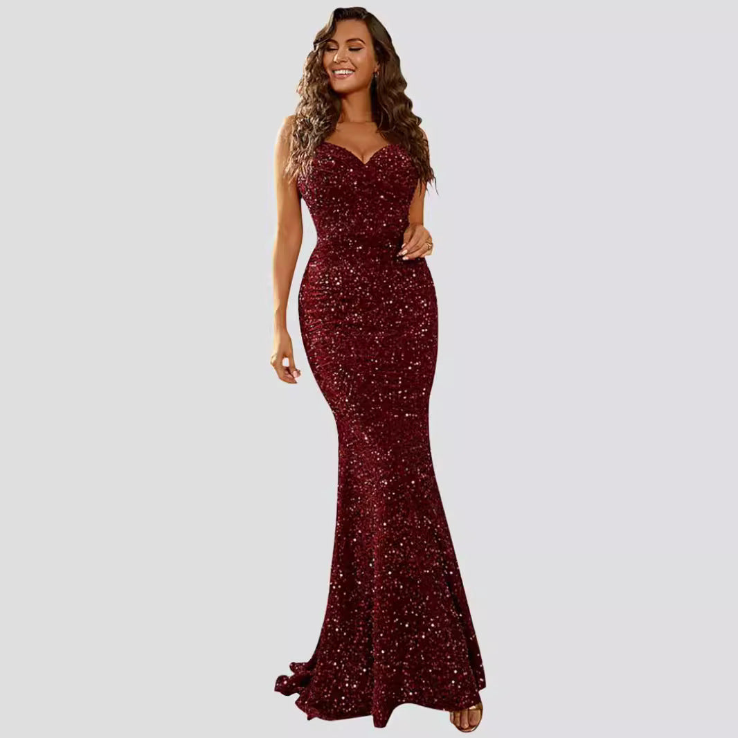 Damen Abendkleid Glitzer Herzförmiger Ausschnitt Schwingender Rock