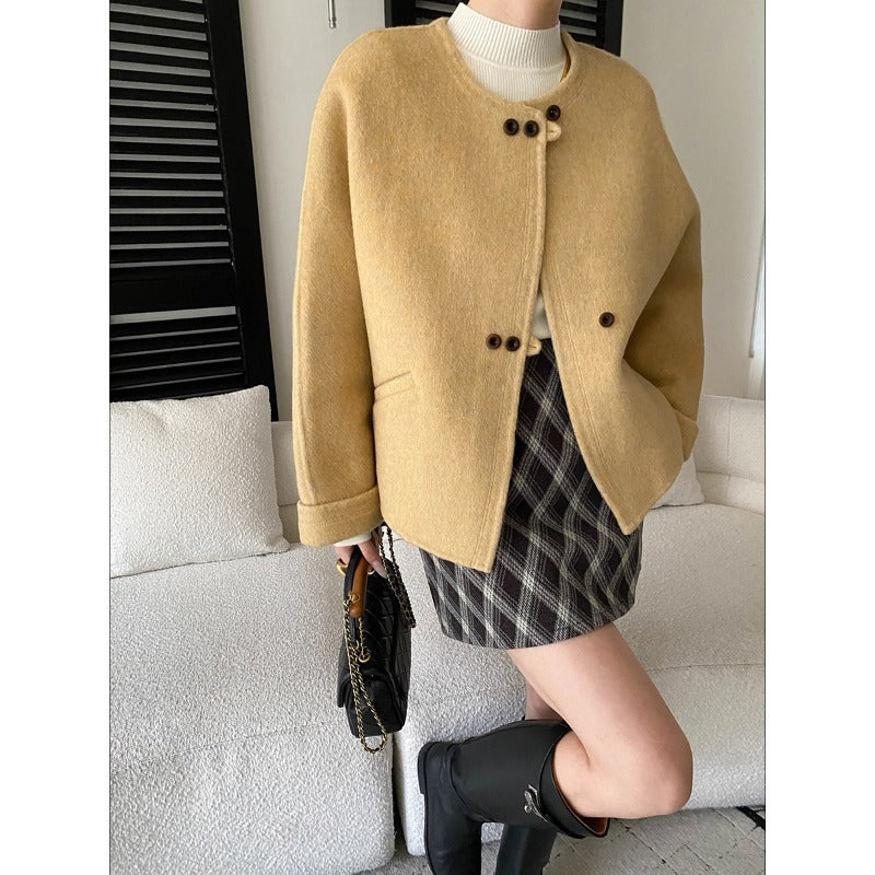 Damen Oversized-Jacke Wollmix Knöpfe Beige - Eveloria