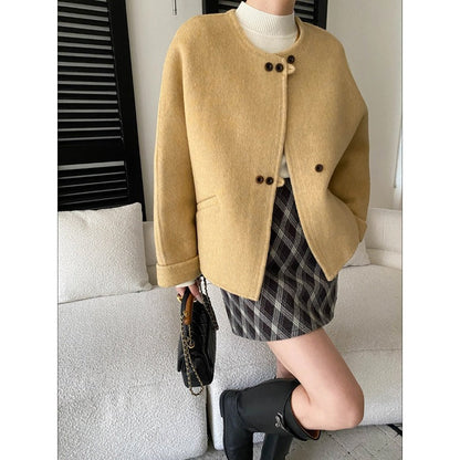 Damen Oversized-Jacke Wollmix Knöpfe Beige - Eveloria