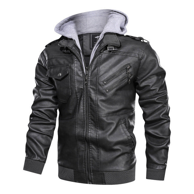 Herren Lederjacke Synthetisch Abnehmbare Kapuze