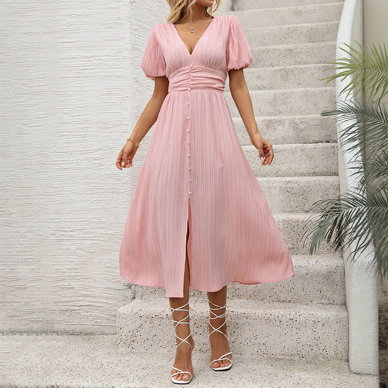 Damen Maxikleid V-Ausschnitt Knöpfe Eveloria - Eveloria