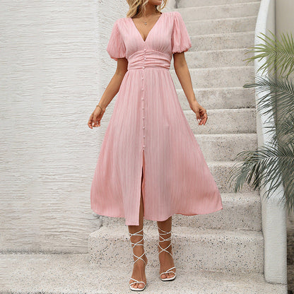 Damen Maxikleid V-Ausschnitt Knöpfe Eveloria - Eveloria