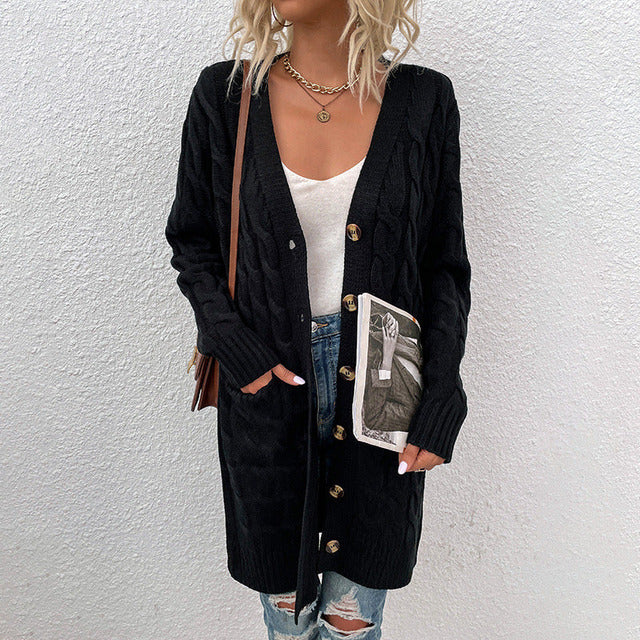 Damen Strickcardigan Lang Knöpfe Taschen Struktur