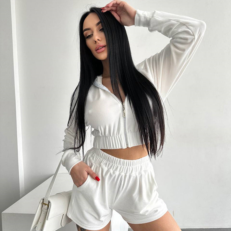 Damen Sweatshirt-Shorts-Set Hochkragen Kordelzug Grau