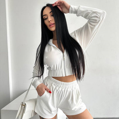 Damen Sweatshirt-Shorts-Set Hochkragen Kordelzug Grau