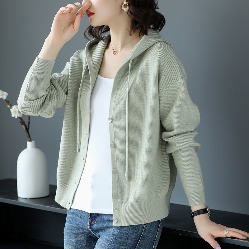 Damen Strickjacke mit Kapuze und Knöpfen Grau - Eveloria