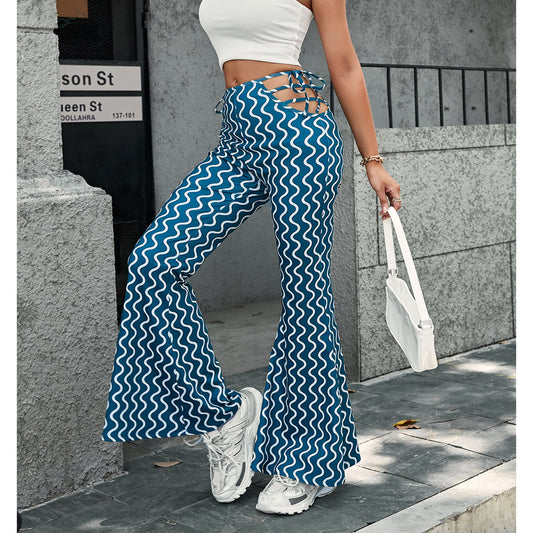 Damen High-Waist Schlaghose Wellenmuster mit Schnürung - Eveloria