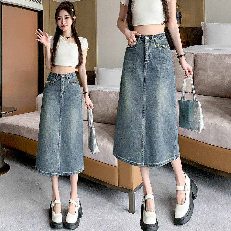Damen Denim Midi-Rock Schwingender Saum Blau Eveloria